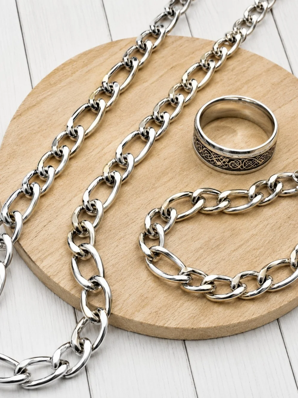 3pc Silver Men's Chain Bracelet and Tungsten Ring Set - Silver